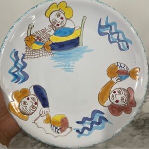Vintage Ceramiche Desuir Colorful Ceramic Plate with Fishing Ladies